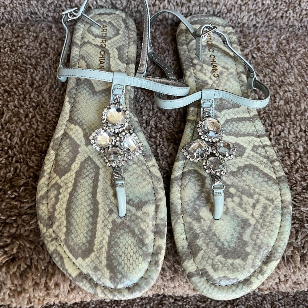 Arturo Chiang Women's Snake Print Leather Strappy Sandals.